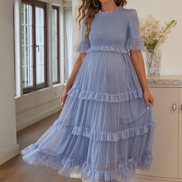 Blue Elegant Women's Polka Dot Printed Maternity Dress With Ruffle Hem - Picture 4 of 6